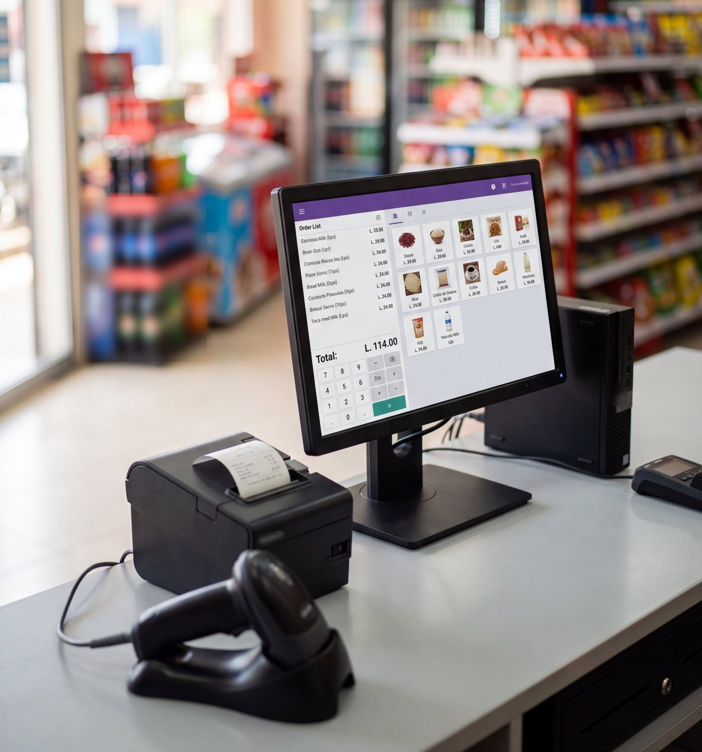 Sistema de punto de venta SoluTek en un supermercado de Honduras: computadora, impresora térmica y escáner